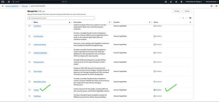 tooling in the Blueprints tab within the SageMaker Domain