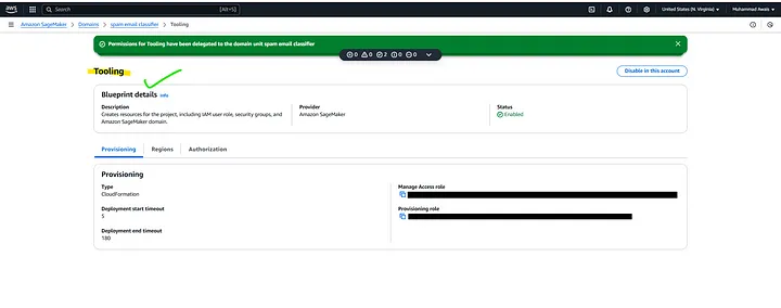 permission granted — tooling in the Blueprints tab within the SageMaker Domain