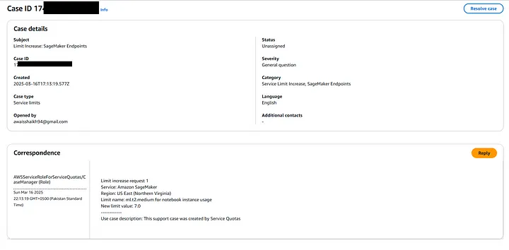 Case Details (quota Increase Limit) — AWS Sage Maker