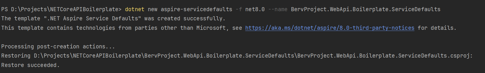 .NET Aspire Service Defaults Successfully created