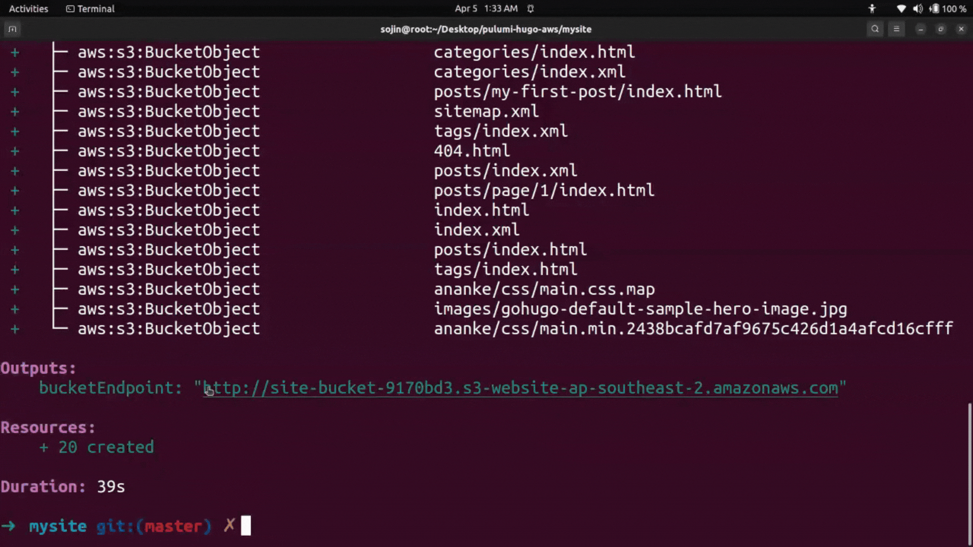 hugo deployed website using pulumi IaC