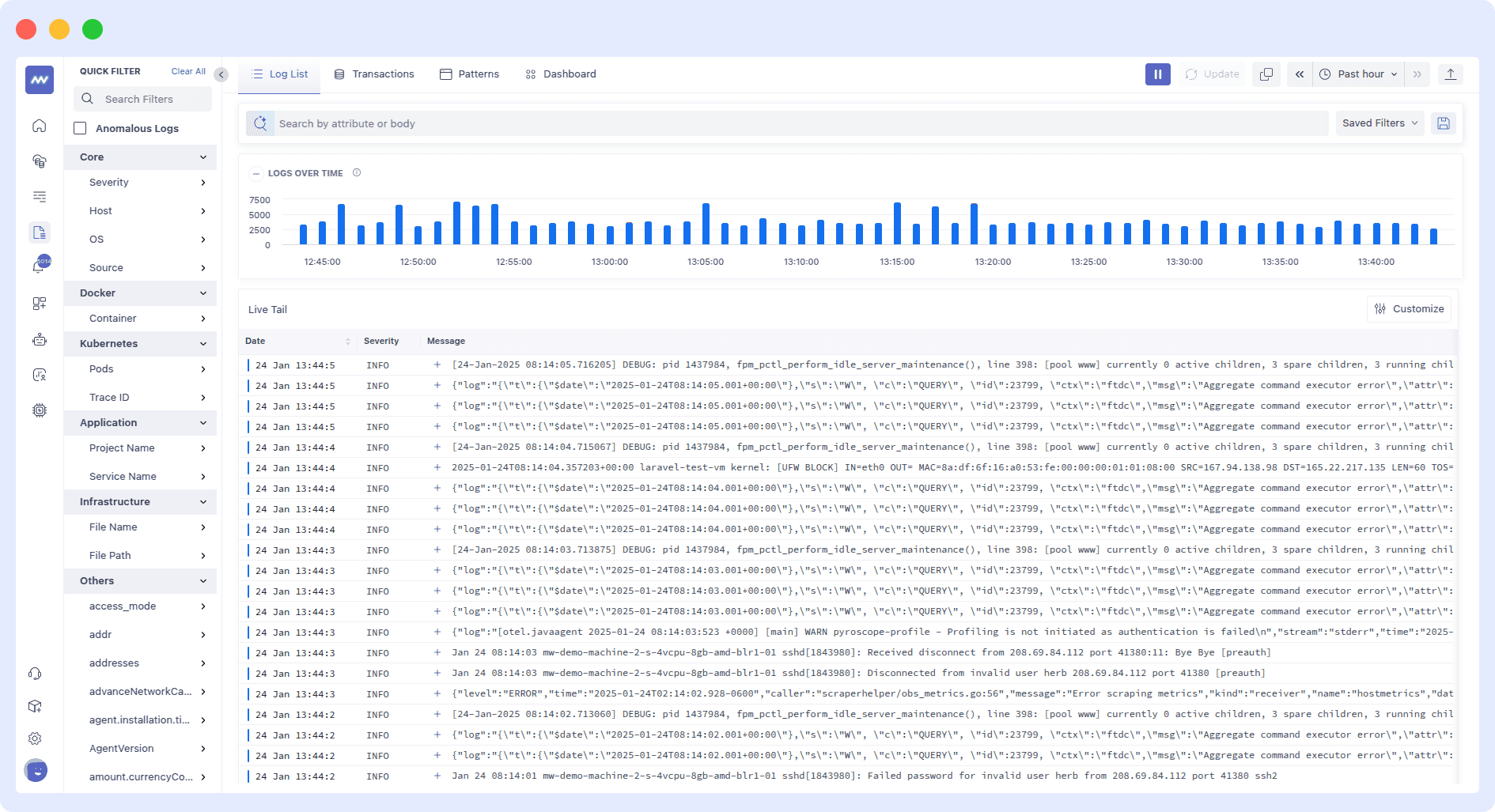 Screenshot showing Log List on Middleware