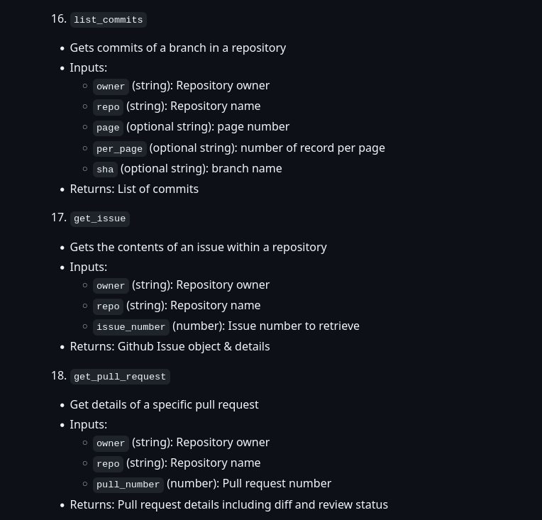 Screenshot of the available actions of a Github MCP server