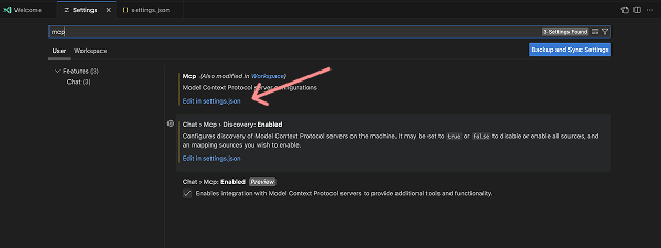Screenshot of a settings page in a software application with search results for 