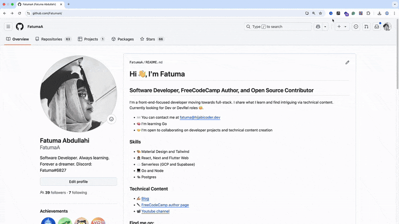 A GitHub profile page featuring an image of a person named Fatuma Abdulllahi. The profile highlights their role as a software developer, FreeCodeCamp author, and open source contributor. Skills listed include Material Design, Tailwind, React, and more. Links to technical content such as a blog and YouTube channel are included.