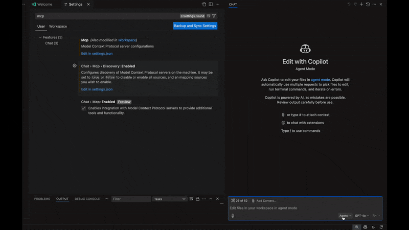 GIF showing a dark-themed development environment with settings and a chat window titled 