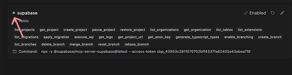Screenshot of a Supabase console showing a list of available tools and commands, with an arrow pointing to the 