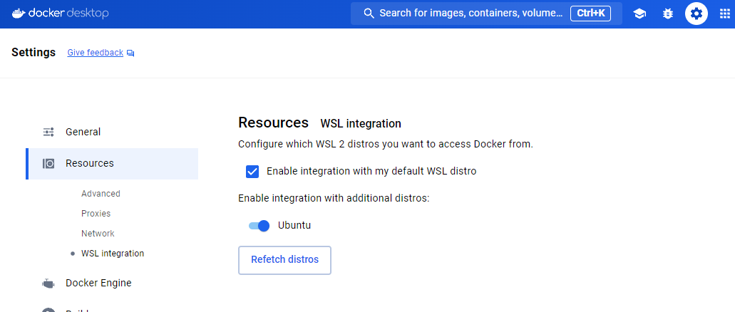 Imagem da pagina settings do docker desktop mostrando a aba resources onde Enable integration esta ativado junto a distro Ubunto 