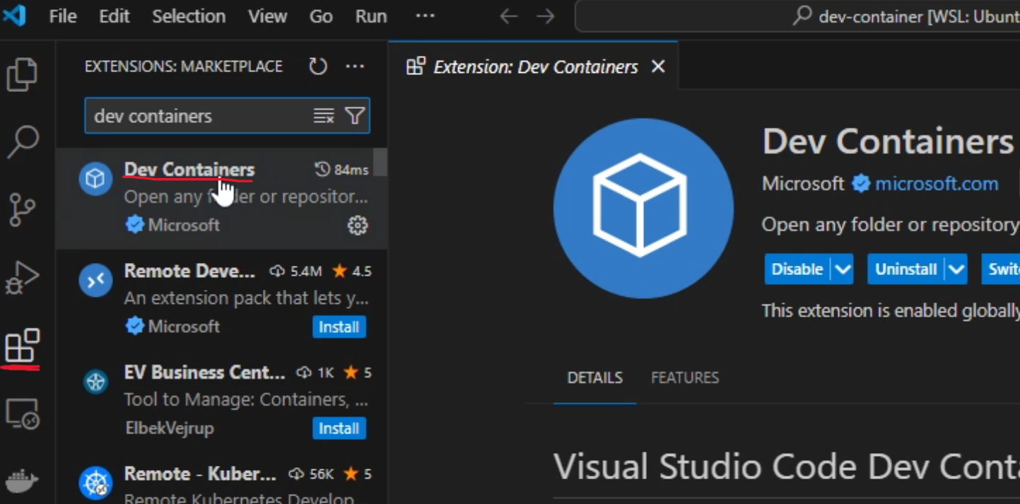 image do marketplace do vscode mostrando a pesquisa dev containers com o resultado sendo a extensão da microsoft 