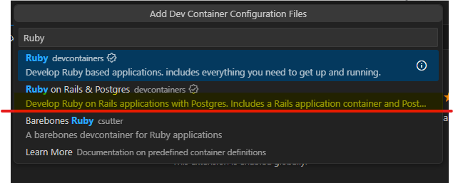 Imagem com o menu do dev containers contendo a opção Ruby on Rails e Postgresql
