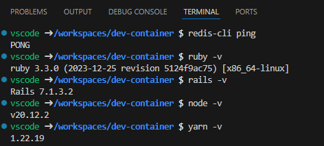 Imagem com o retorno dos comandos sendo redis: pong, Ruby: ruby mais a versão 3.3, rails 7.1.3, node v 20.12 e yarn 1.22