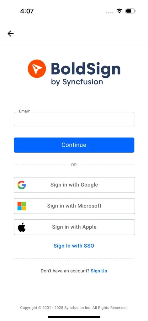 Login options in BoldSign iOS app