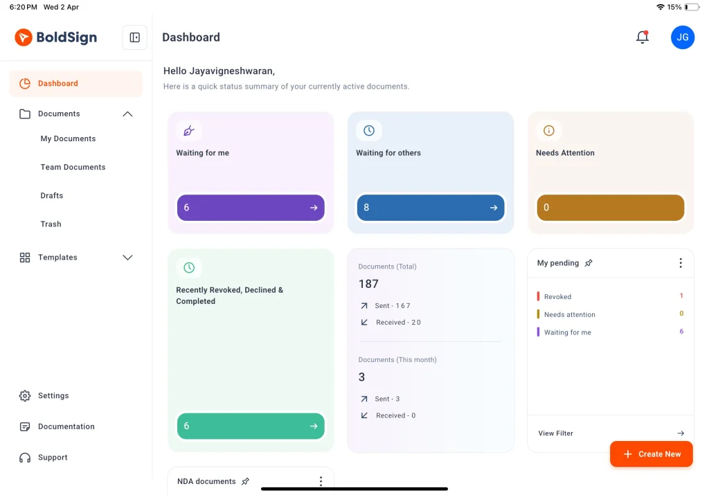 Dashboard screen on iPad – Landscape mode
