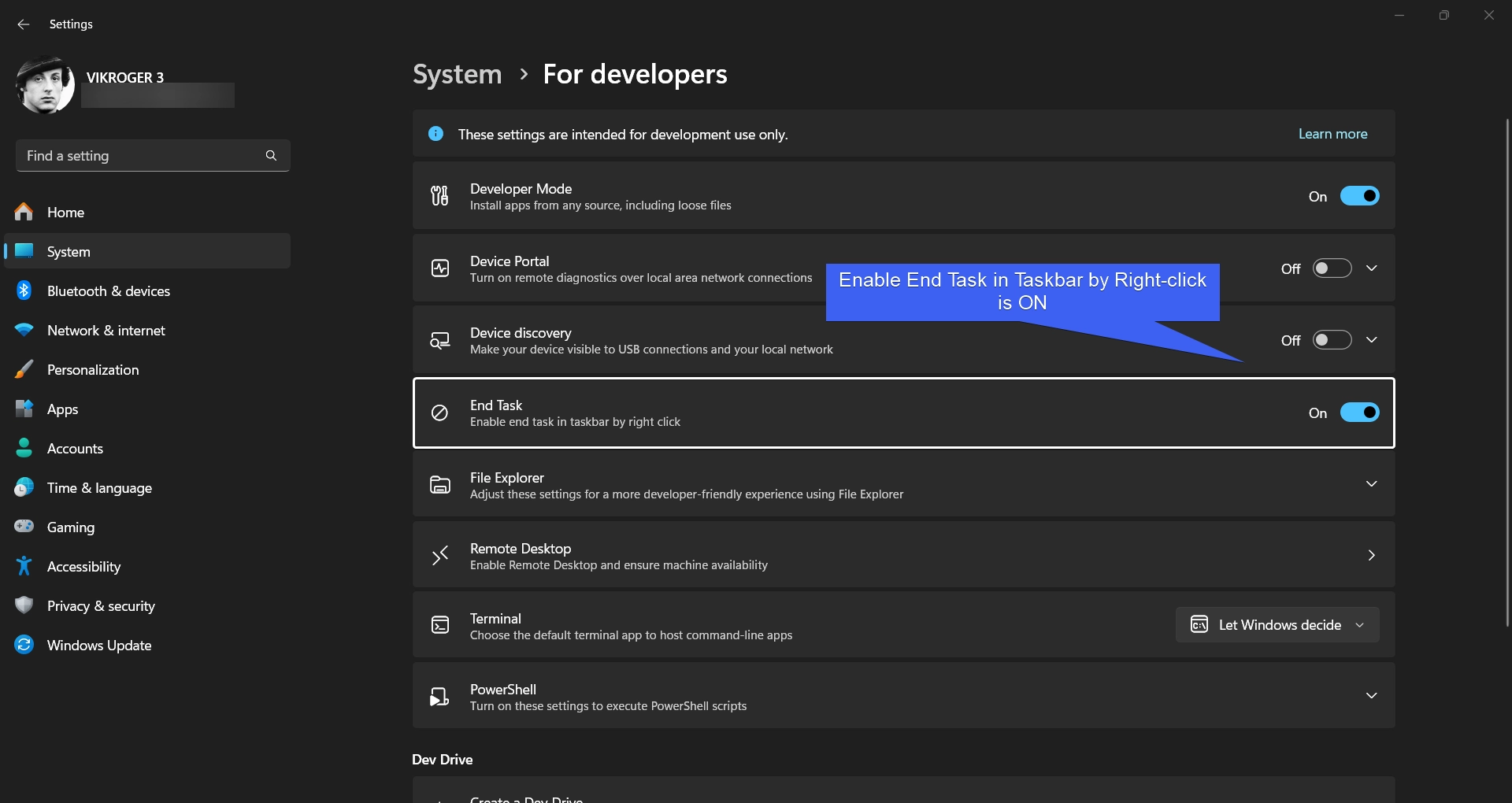 Enable End Task in Taskbar by Right-click is ON