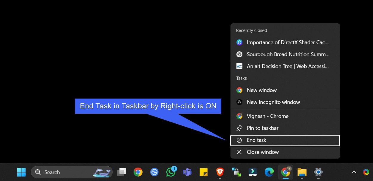 End Task option in Taskbar by Right-click is enabled for Applications