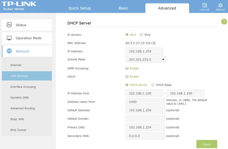 Example of a graphical user interface with a SOHO router