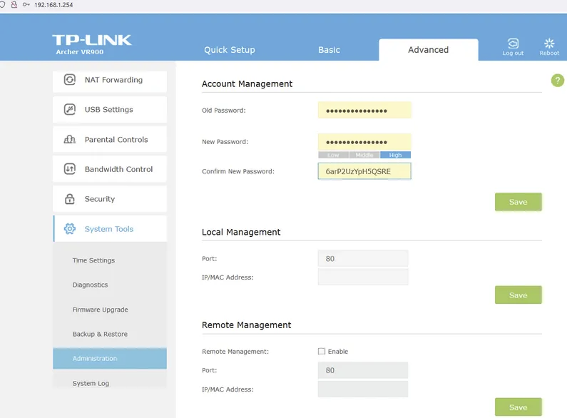 Example of an account management screen for your local router. The user is changing the Admin password to something more secure.