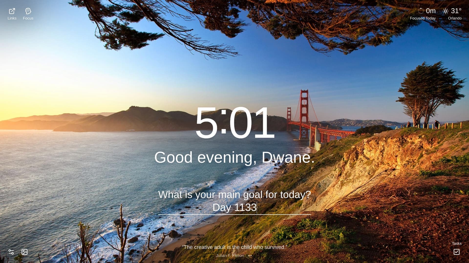 A scenic coastal landscape featuring a rocky cliff overlooking a calm ocean with gentle waves. The iconic Golden Gate Bridge is visible in the distance, spanning across the water under a soft sunset sky. Silhouettes of people are visible on the cliff's edge. The location is San Francisco, California, United States.