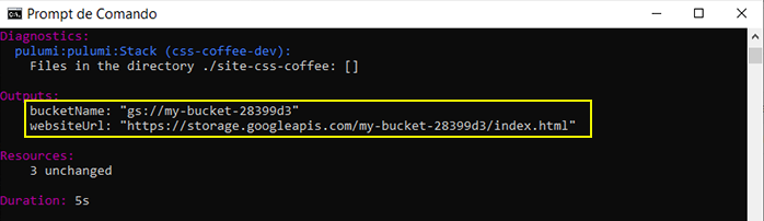 The bucket url seen in the terminal