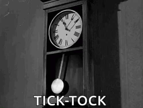 a black and white photo of a grandfather clock with the words tick-tock below it