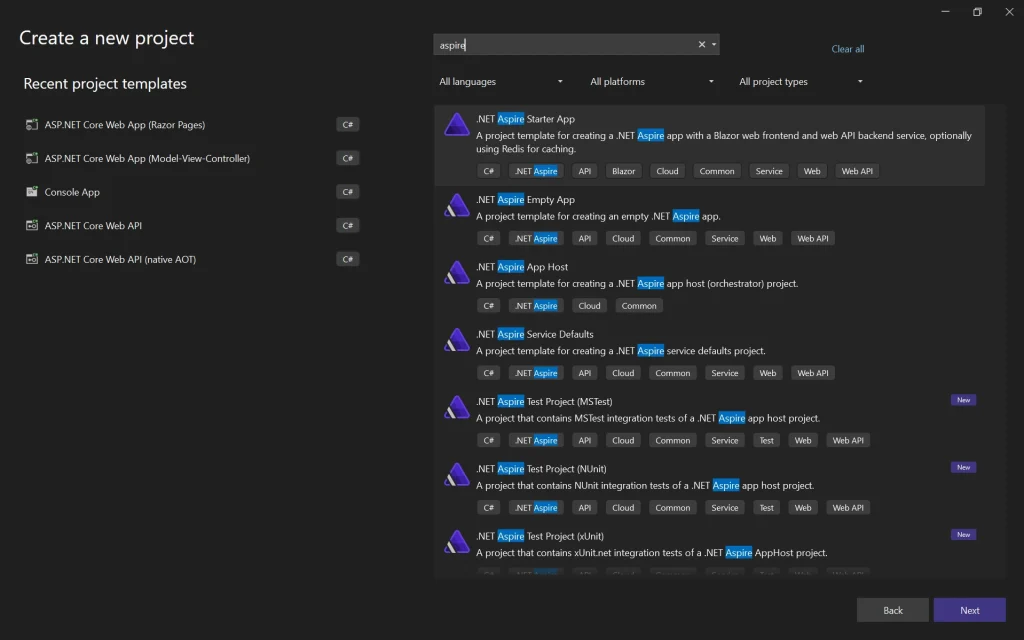 Search for a new .NET Aspire project