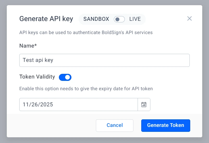 A dialog box to generate a Token