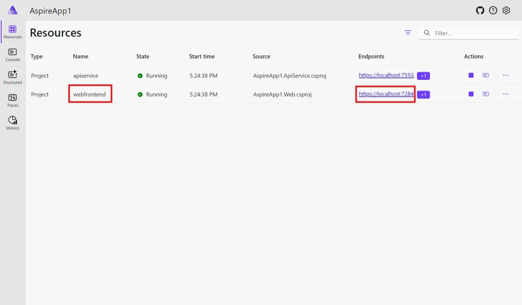 Aspire Dashboard containing a webfronted project