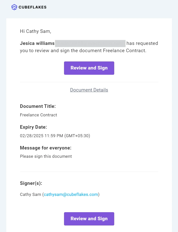 An email message to review and sign the document