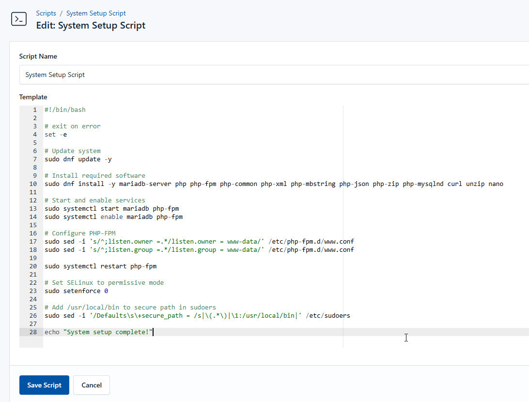 Screenshot of adding a new system setup script