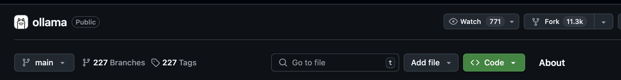 Ollama repository, showing the Fork button
