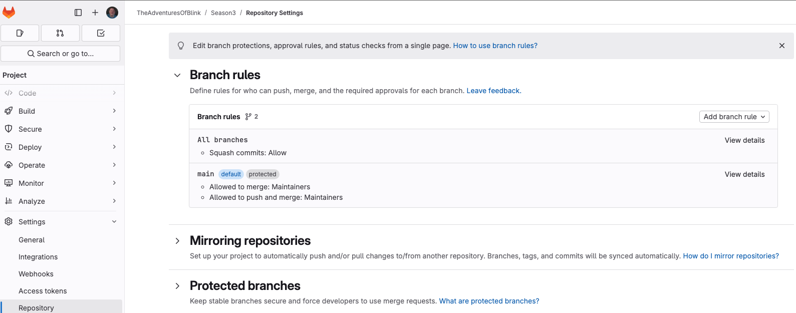 GitLab settings page for Branch rules and protection