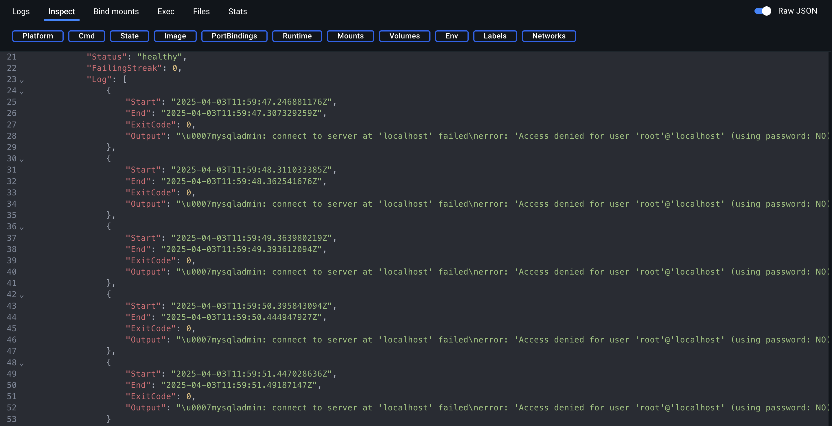 A screenshot of inspecting a MySQL Docker container