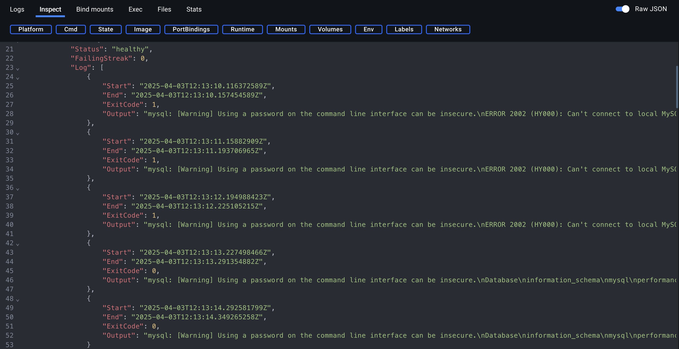A screenshot of inspecting a MySQL Docker container
