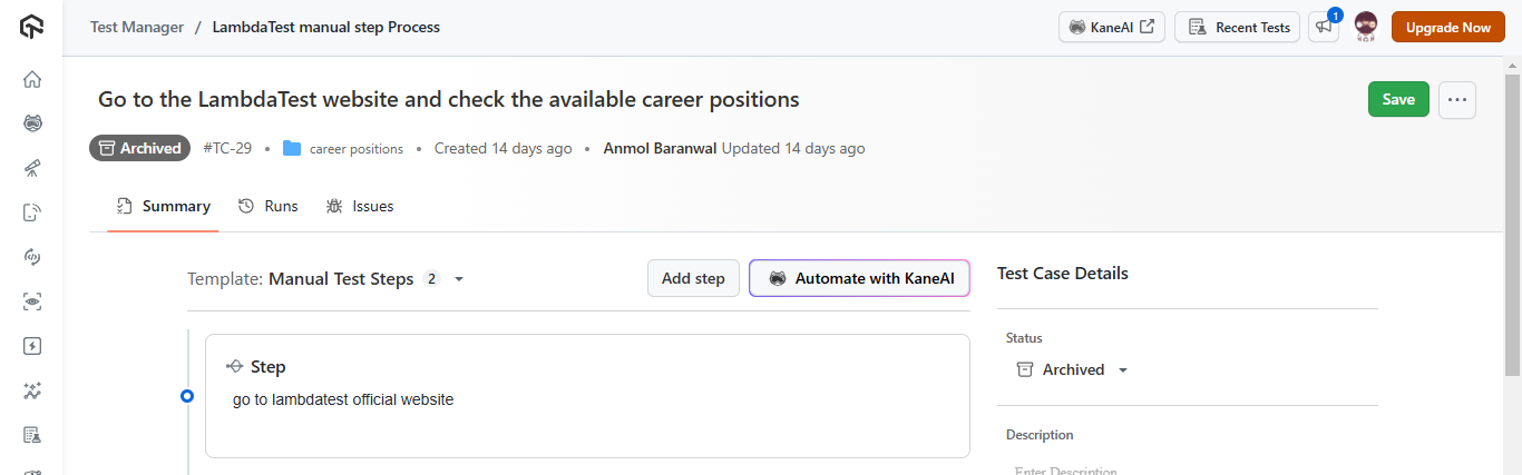 create a test from test manager