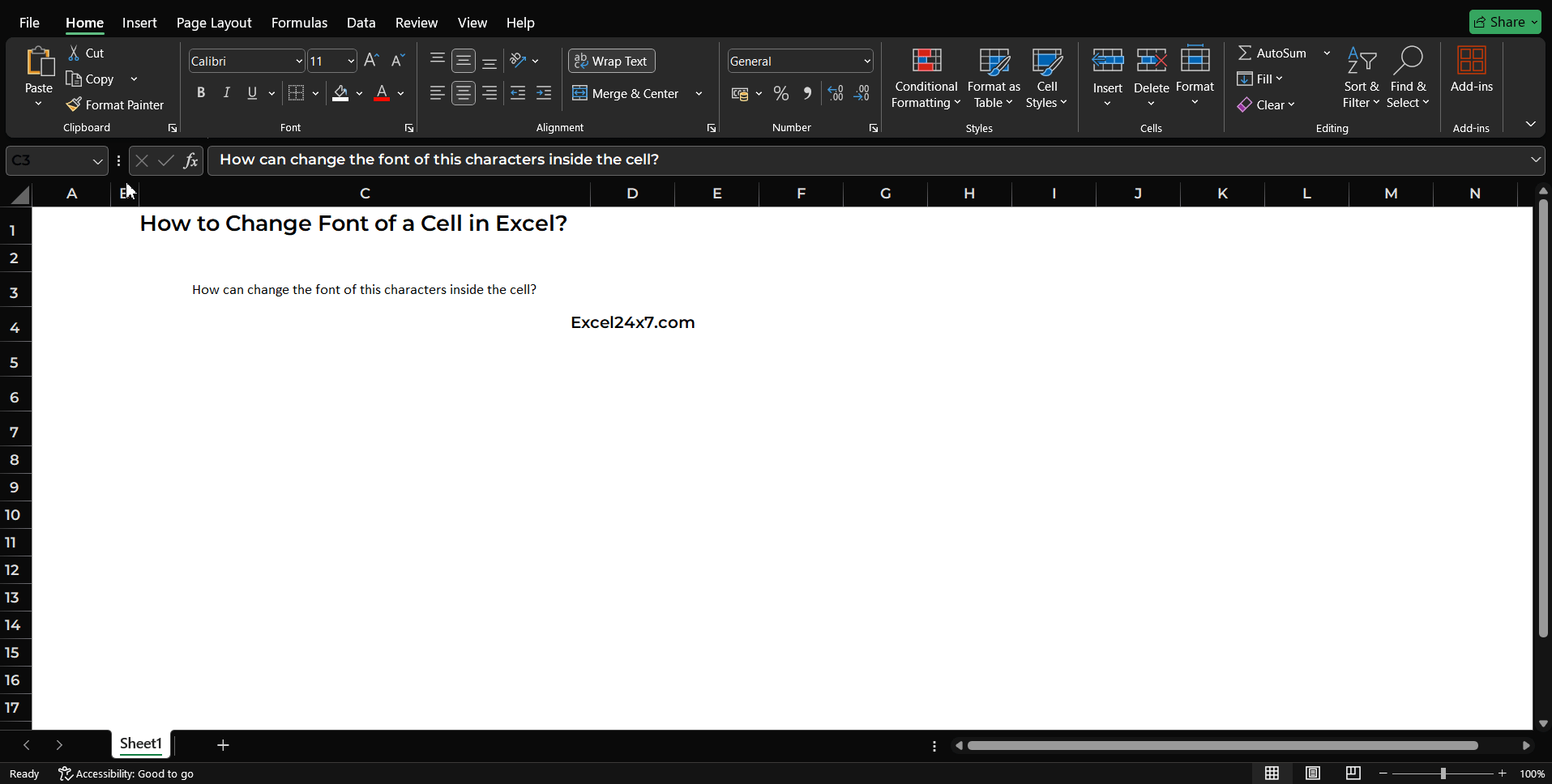 Changing font style in excel
