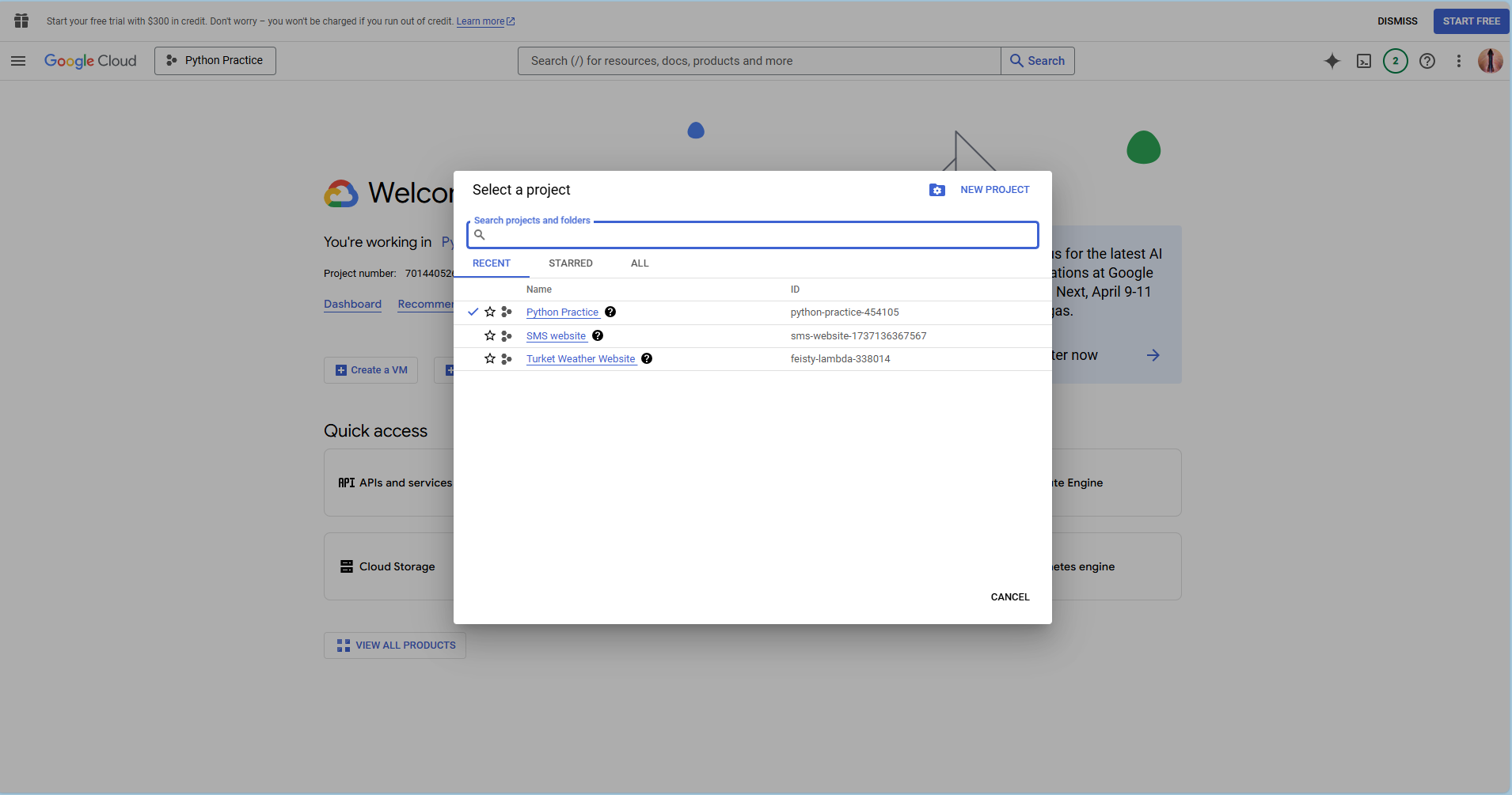 Image of creating a new project in google cloud console