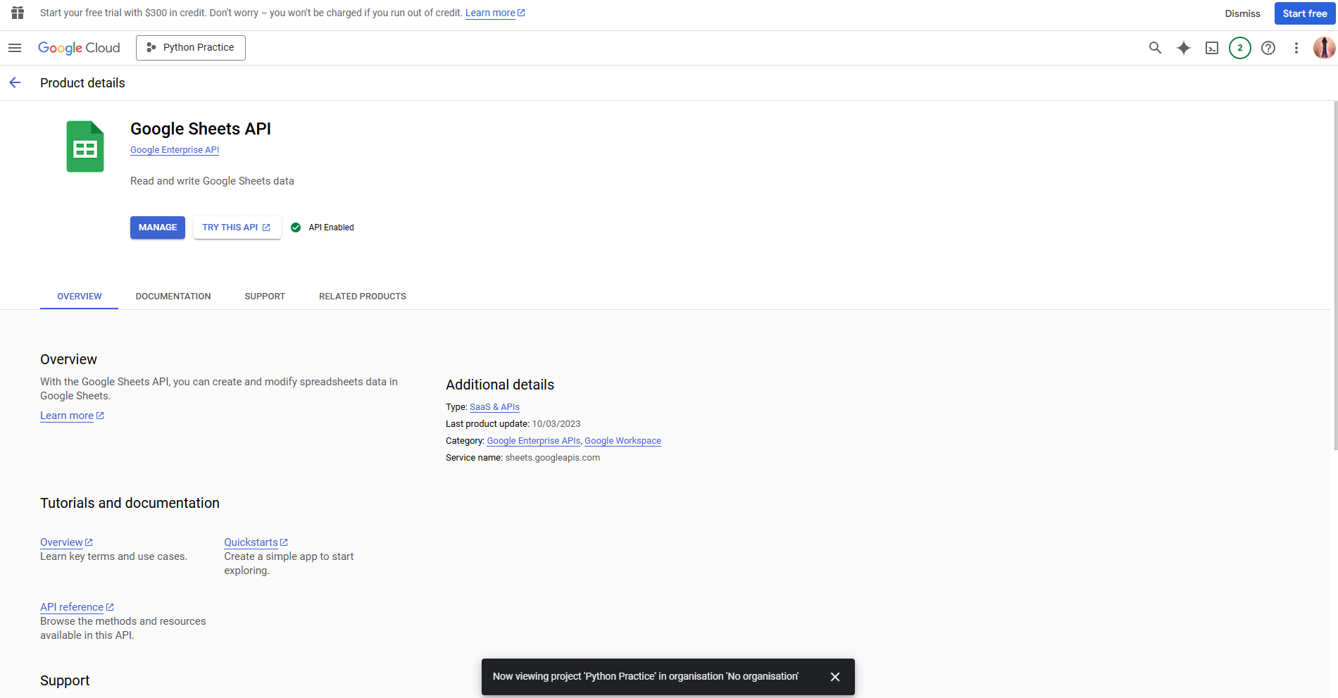 Enabling google sheets API in google cloud console