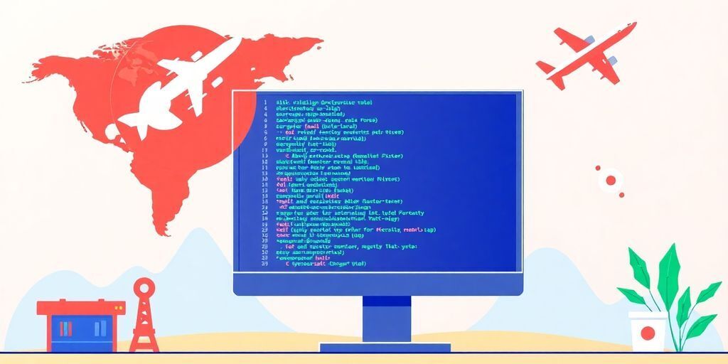 Illustration of coding and travel icons for Ruby on Rails jobs.