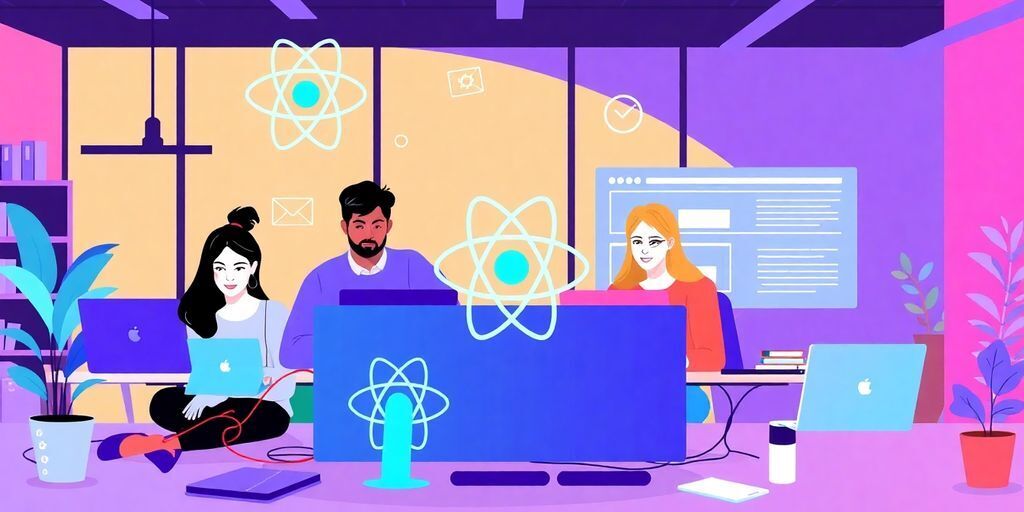 Team collaborating on a React project in a modern office.