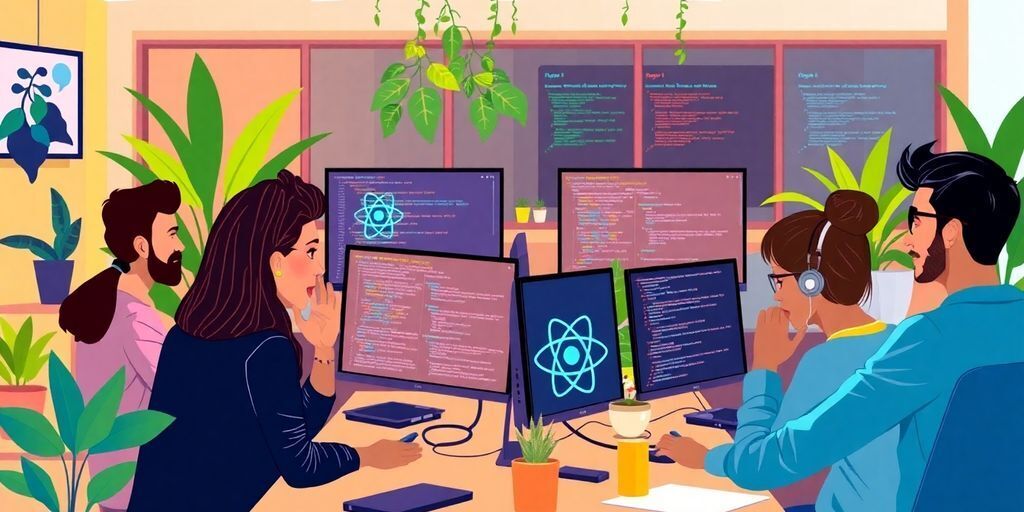 Diverse team of developers collaborating in a tech office.