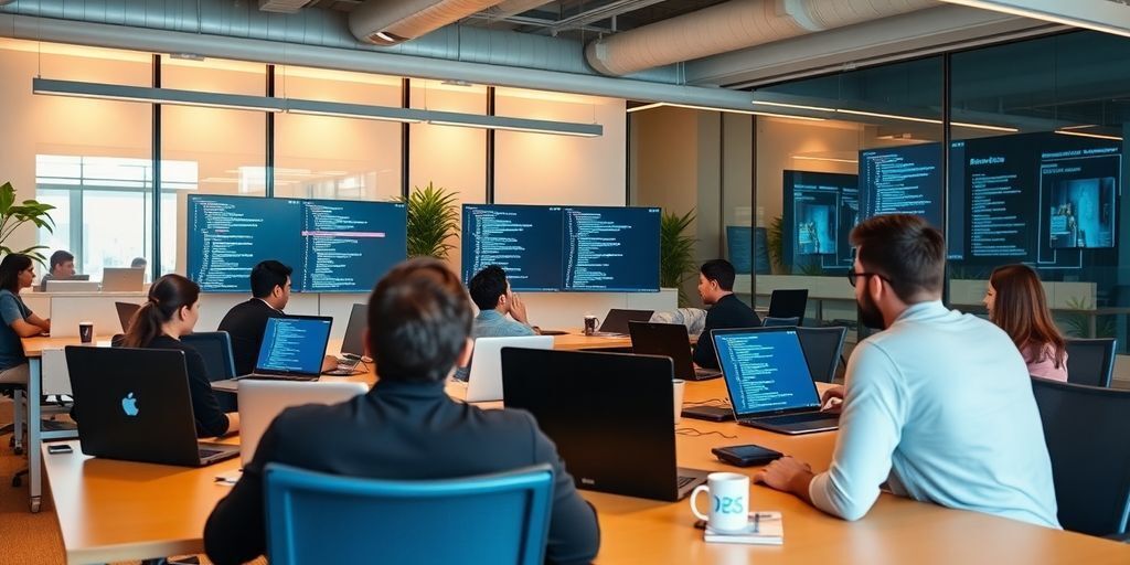 Team of developers collaborating on React project in office.