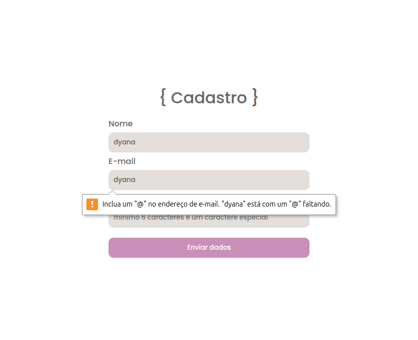Print de uma tela de formulário com o campo e-mail com mensagem de validação