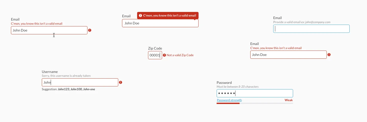 Screenshot of designs for different forms of input field validation by Andrew Coyle