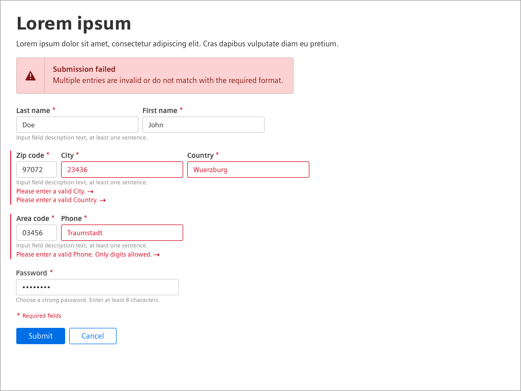 A mobile design illustrating a summary of errors at the top of the form after submission