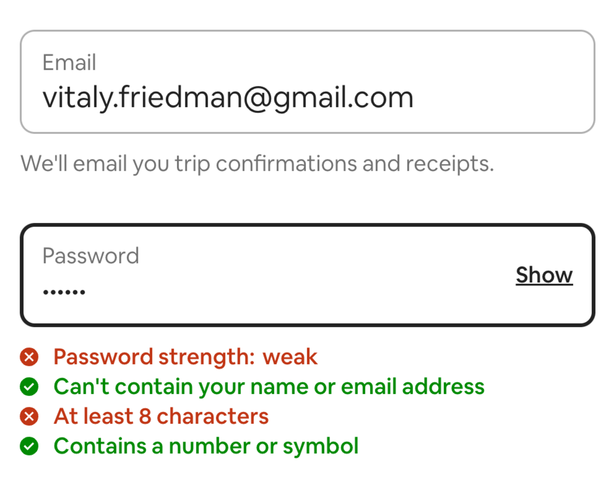 Screenshot of a password validation scenario where 