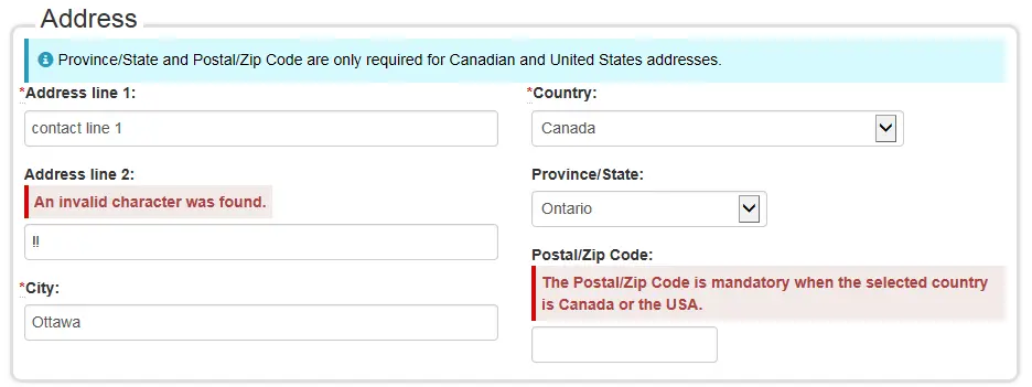 Screenshot of a Bootstrap style form with multiple columns and input errors displaying above form fields