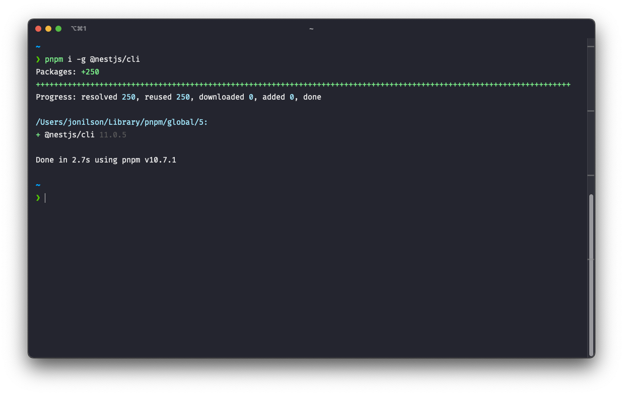 Instalação do NestJS CLI globalmente com o PNPM