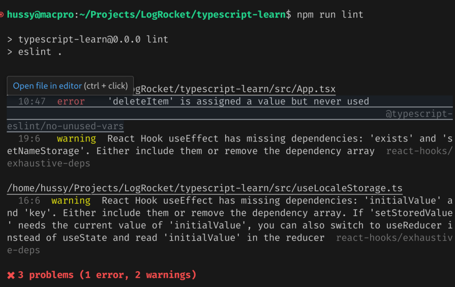 linter throwing errors to help enhance code