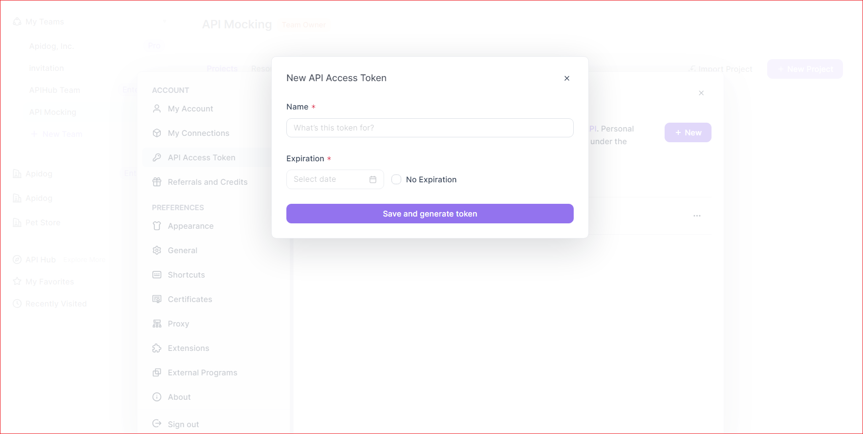 creating a new API access token in Apidog