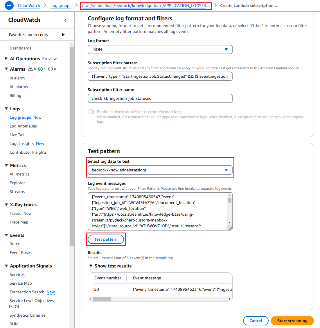 Testing pattern in the subscription filter creation dialog